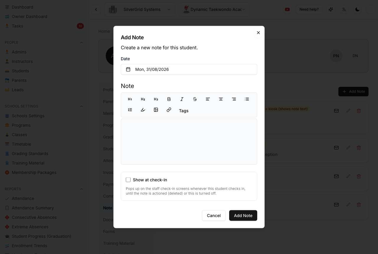 Note form with check-in options