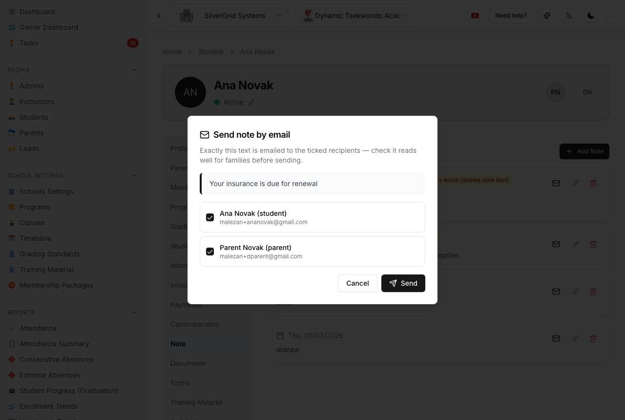 Send note by email dialog