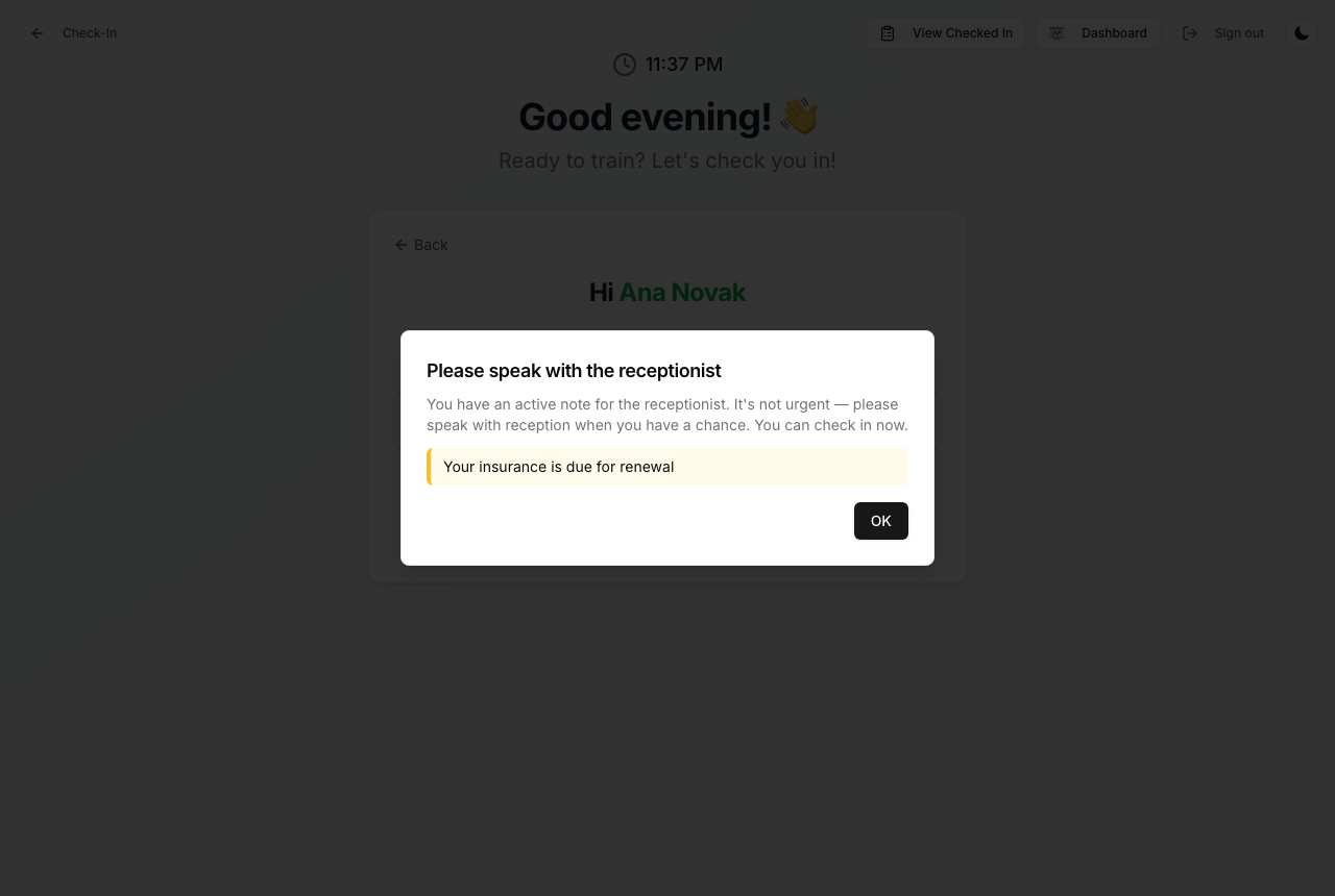Kiosk prompt showing the note text