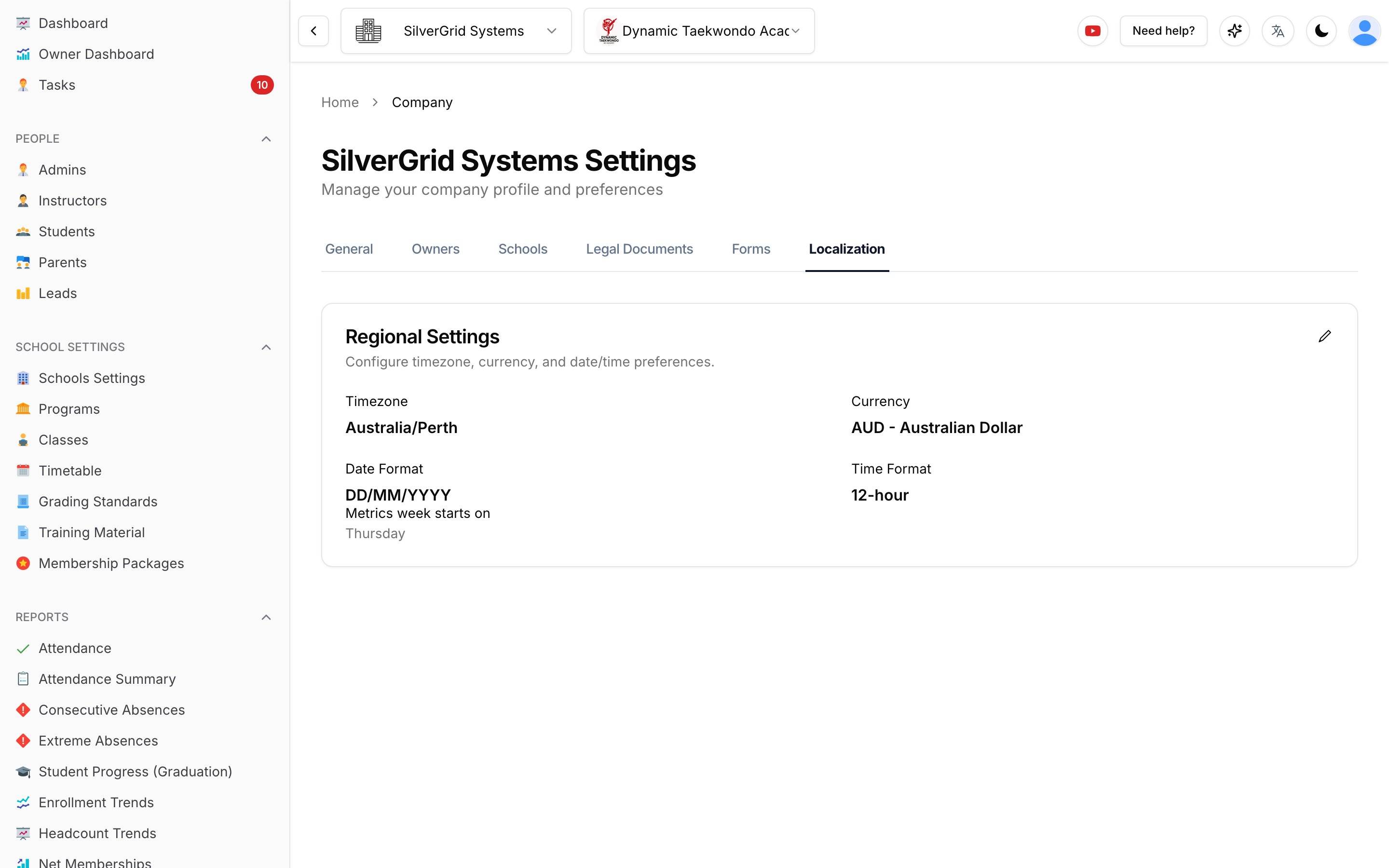 Company Localization tab with the Regional Settings card