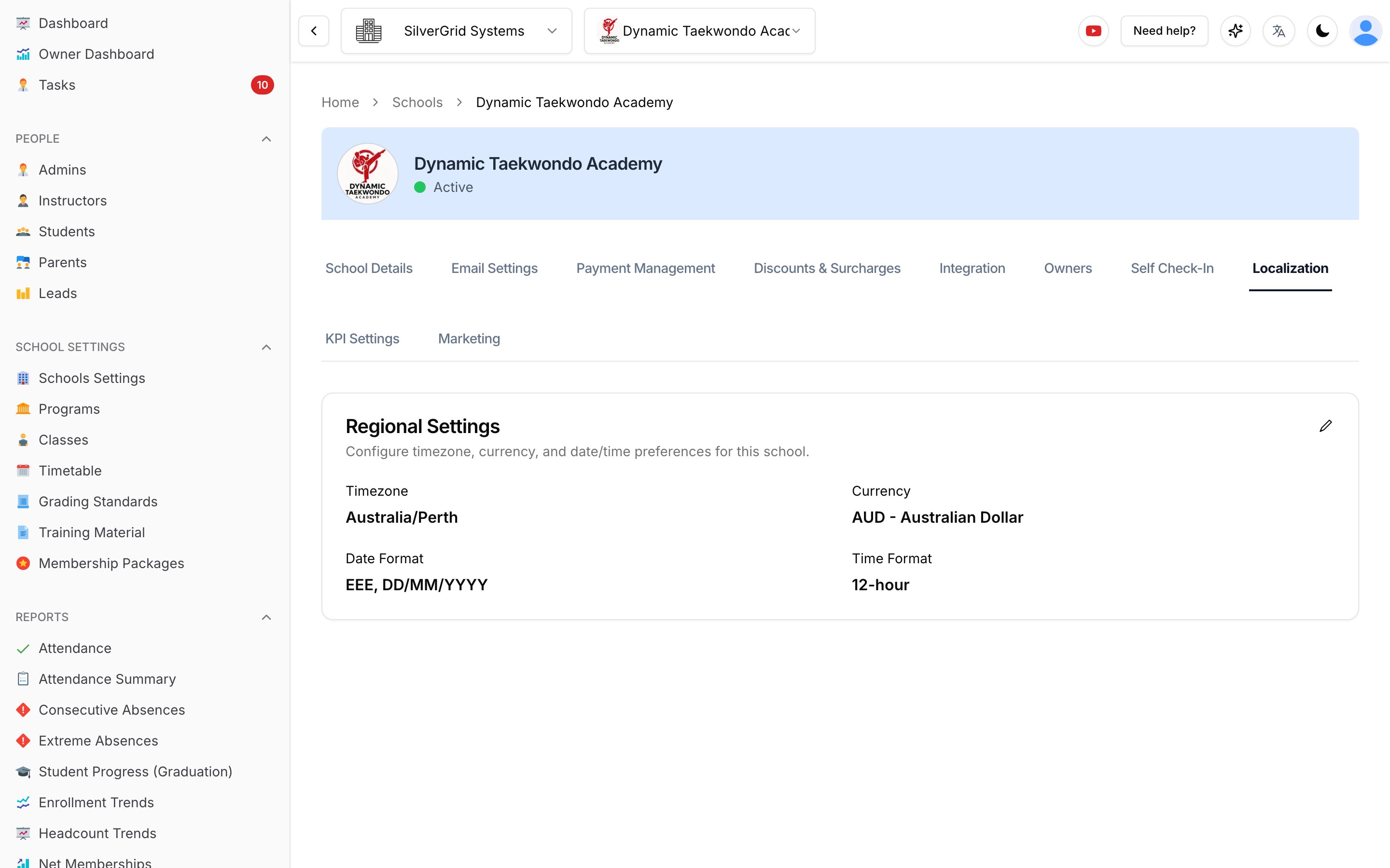 School Localization tab with the Regional Settings card
