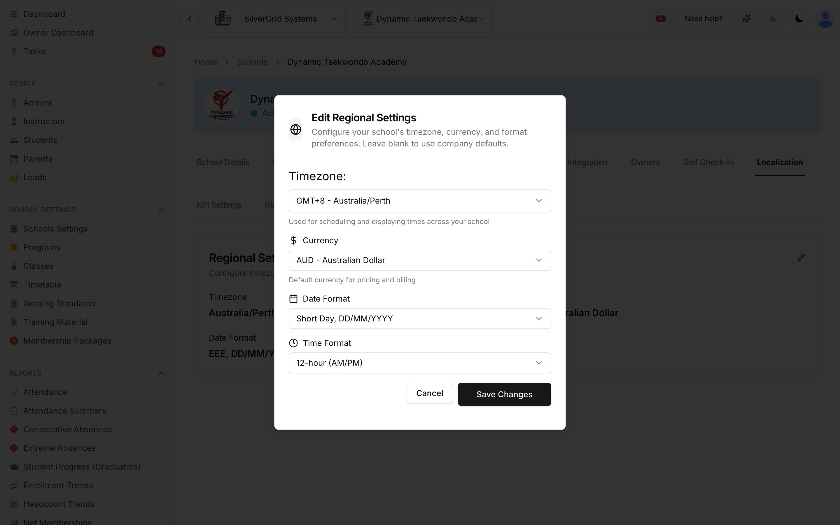 Edit Regional Settings dialog with Use Company Default options