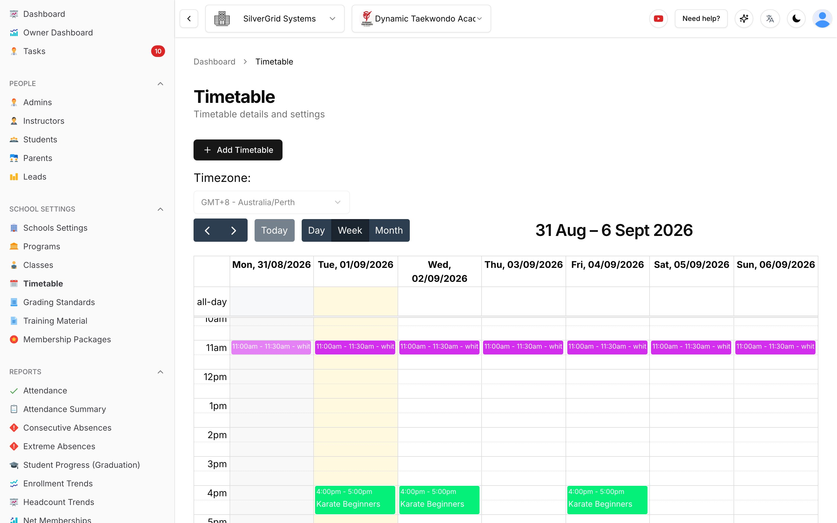 Timetable displaying 12-hour times