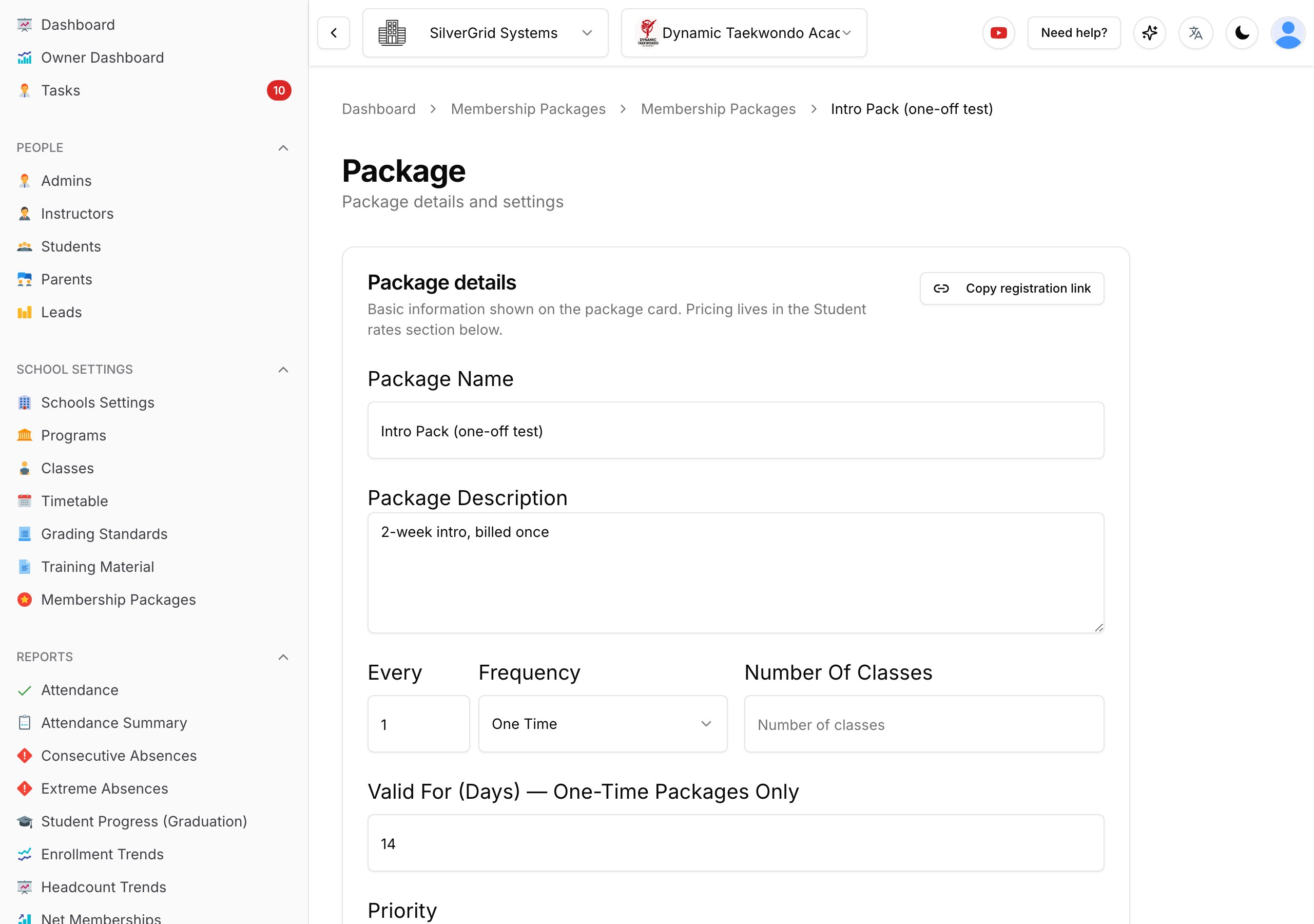 Membership package set to One Time with Valid for (days)