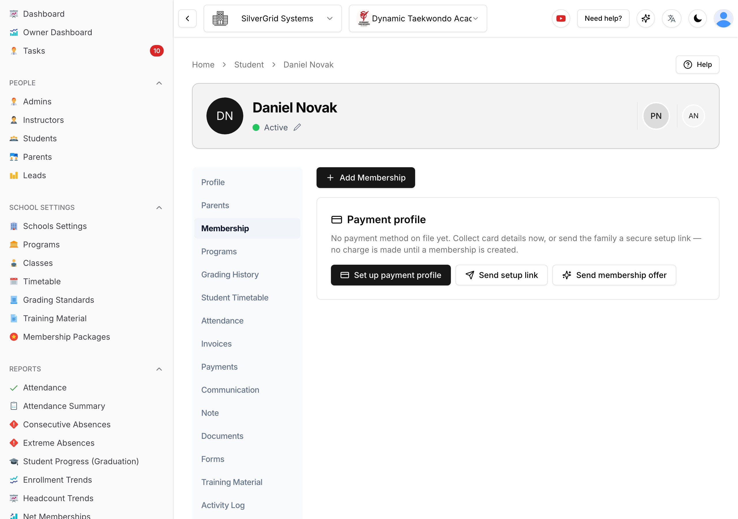 Student Membership tab with the Add Membership button
