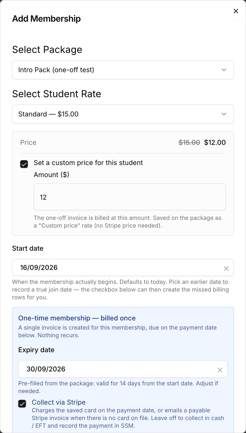 Collect via Stripe ticked in Add Membership