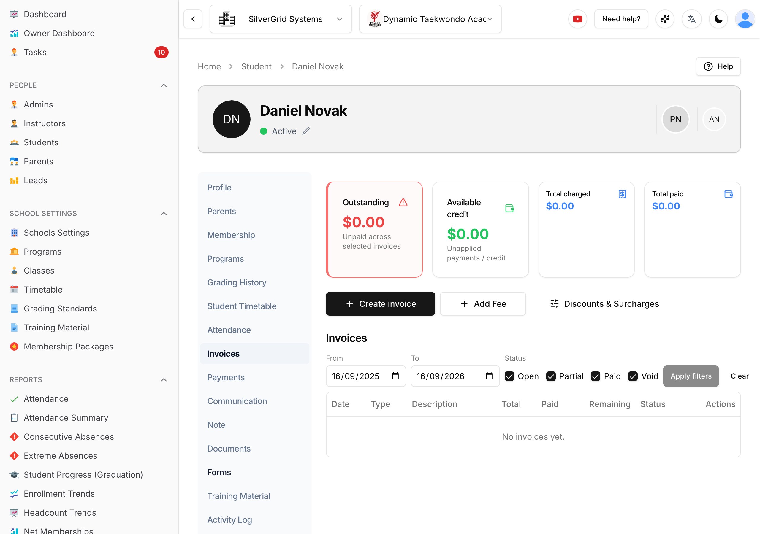 Invoices tab with the Create invoice button