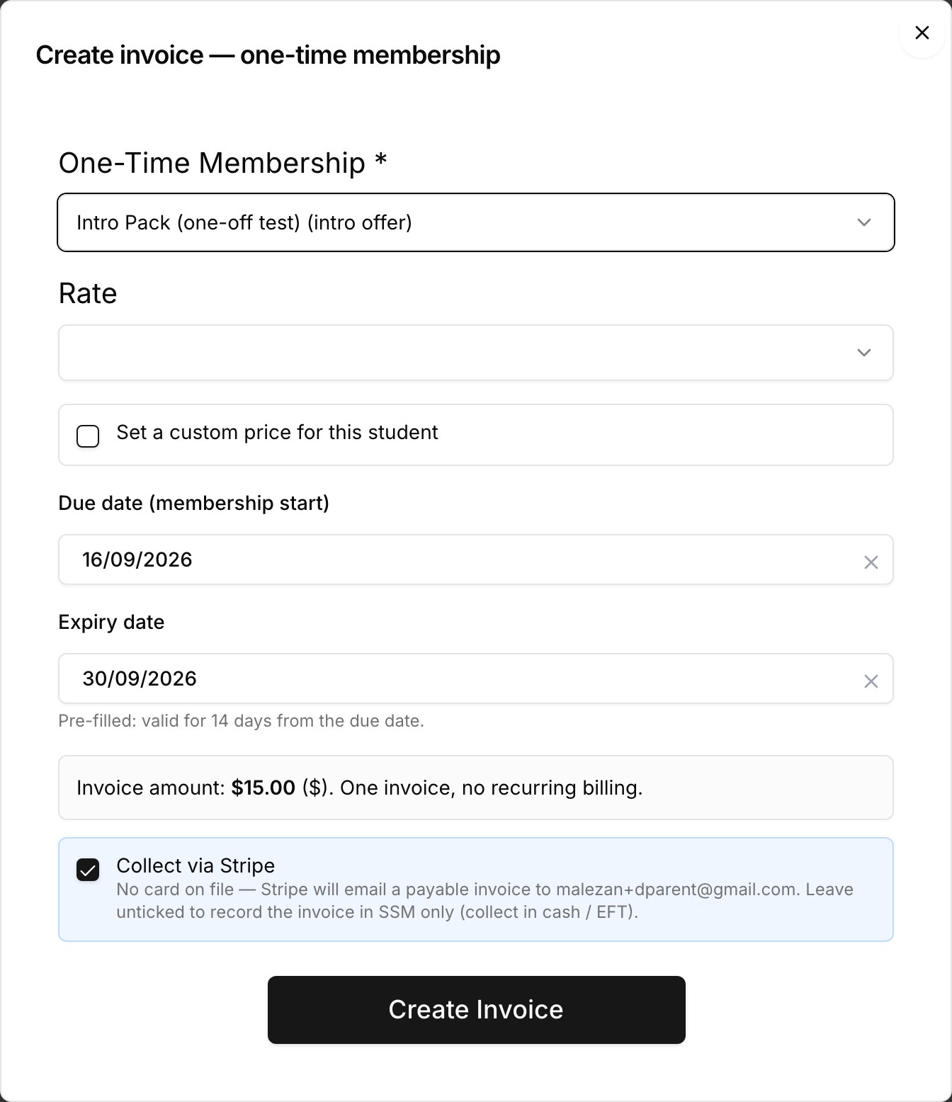 Create invoice dialog for a one-time membership
