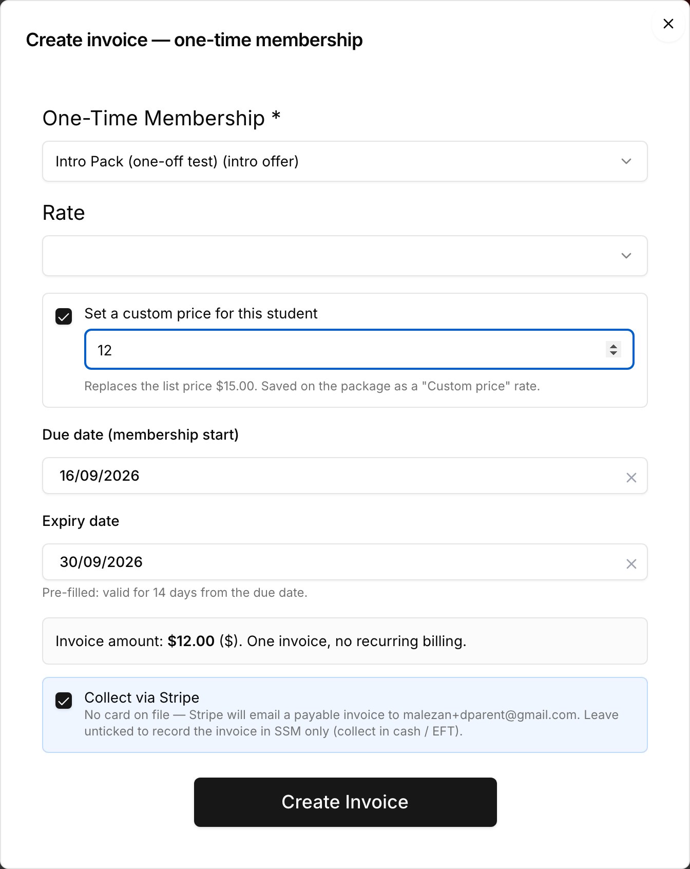 Create invoice dialog with a custom price