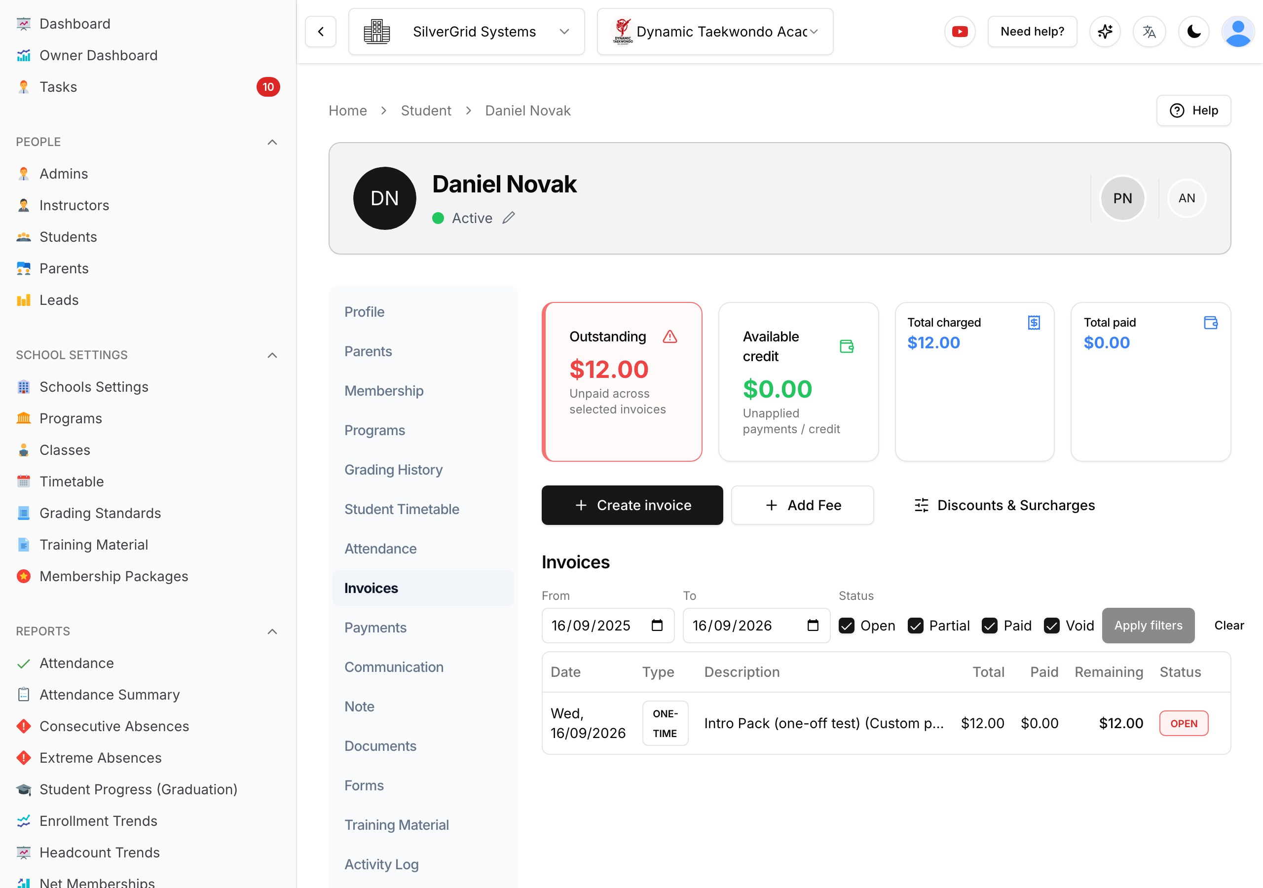 Invoice list with the new ONE-TIME invoice